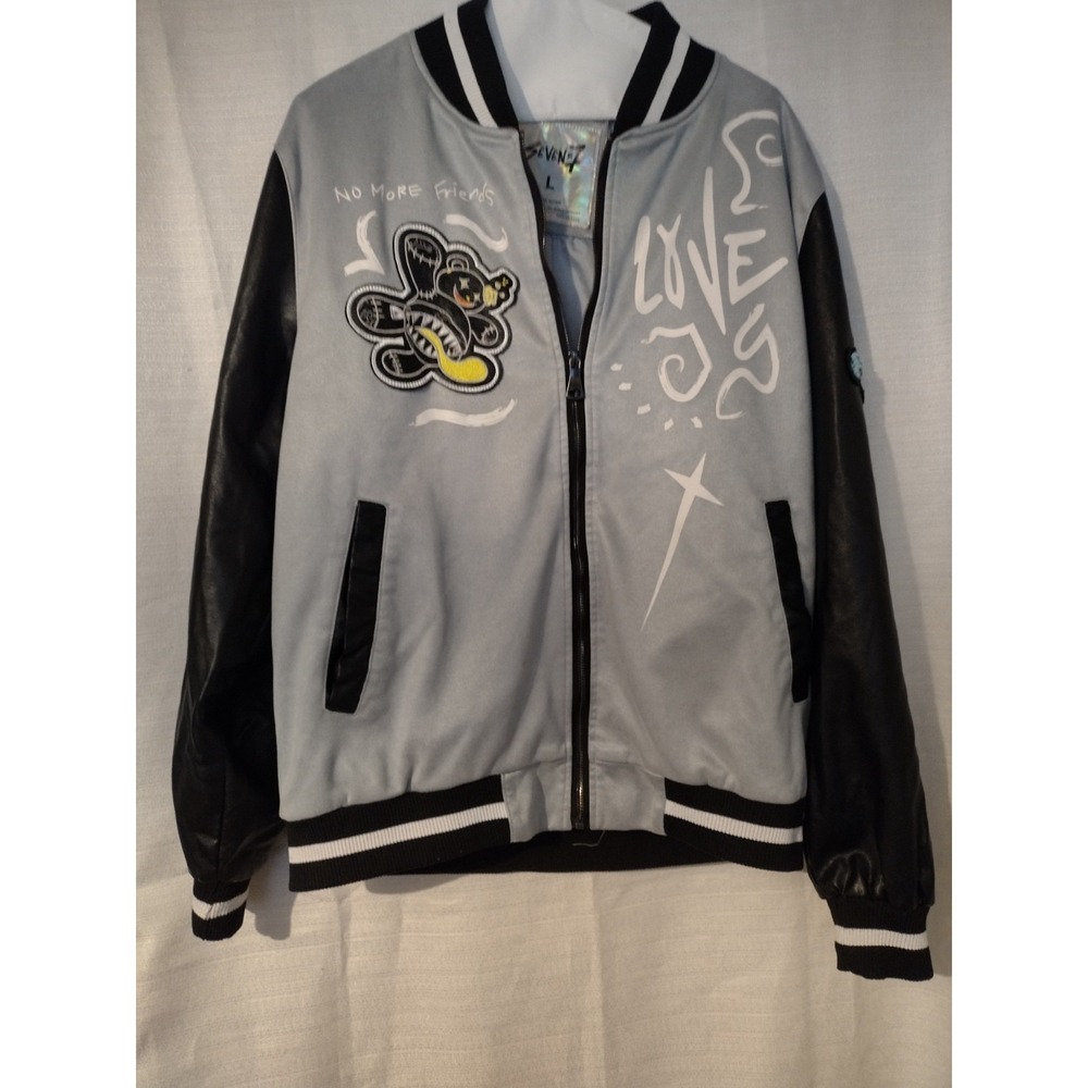 Seven7 Varsity Jacket Bomber Style Large Graphic Words & Images